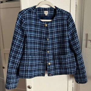 J.Crew Baltic Blue Check Lady Jacket Crop Tweed Blazer Wool Blend